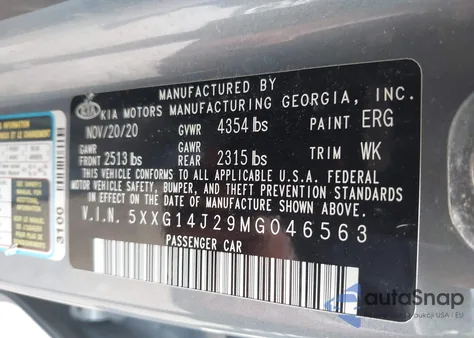 2021 Kia K5 Lxs из США, поврежденный, VIN 5XXG14J29MG046563